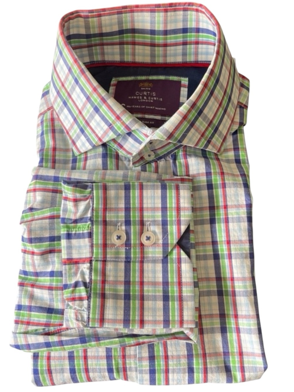 CURTIS Hawes & Curtis Cotton Multi Plaid High Collar York Slim Fit Shirt (M)